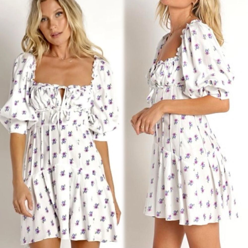 NWT For Love and Lemons Viola Mini  White Dress Floral Size XXS